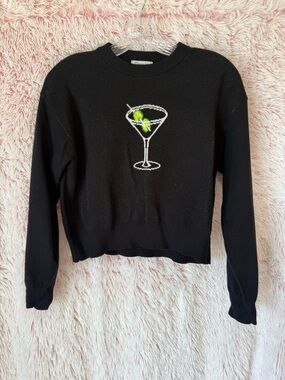 Black Crewneck Sweater with Martini Glass Embroidery